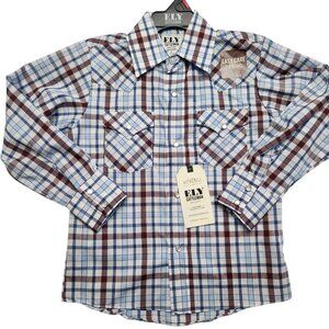 Ely Cattleman Boys Shirt Blue Plaid Western Long Sleeve Pearl Snap Small
